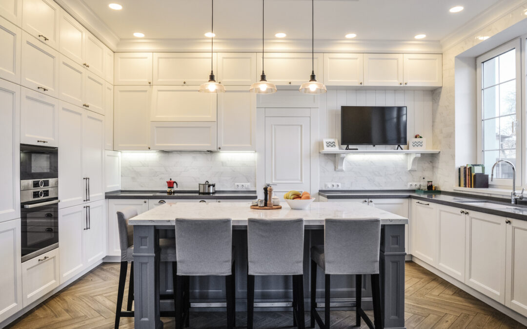 Kitchen interior in new luxury home in scandinavian style with recessed lighting