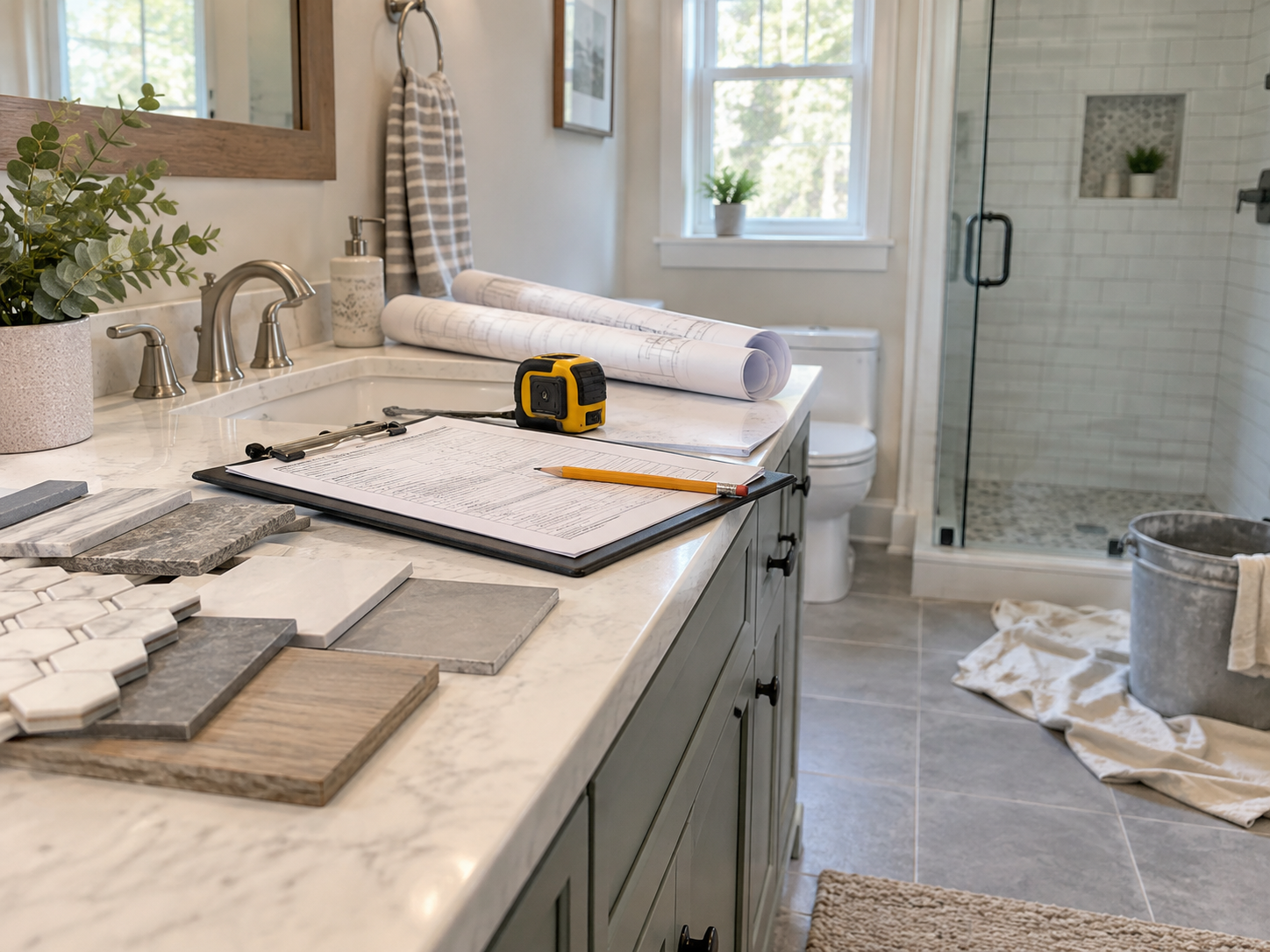 Bathroom remodel planning with permit paperwork, blueprints, measuring tape, and tile samples in a Connecticut home.