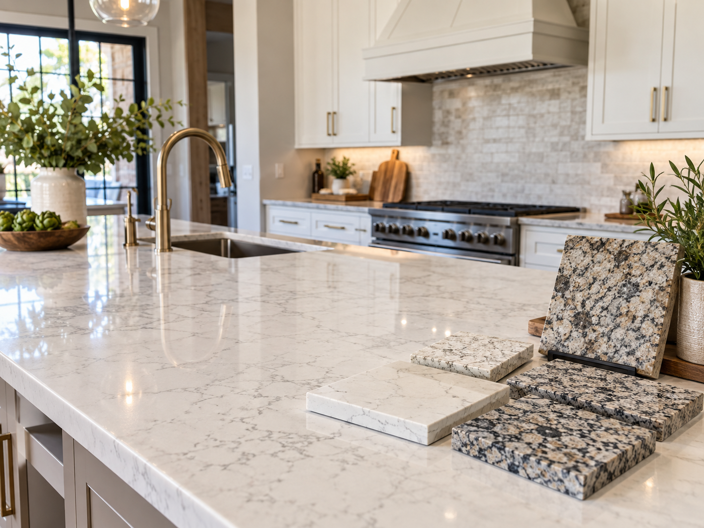 Quartz and granite countertop samples displayed on a modern kitchen island during a countertop selection process.