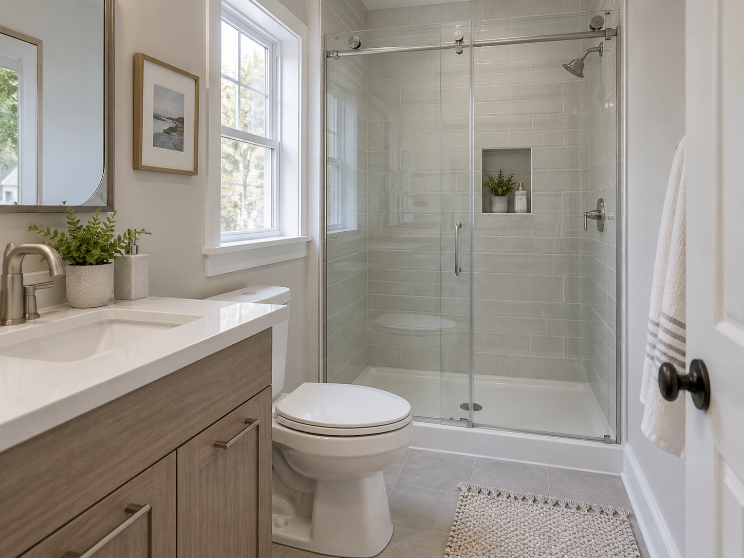Small bathroom with a glass sliding shower door, compact vanity, and neutral finishes.